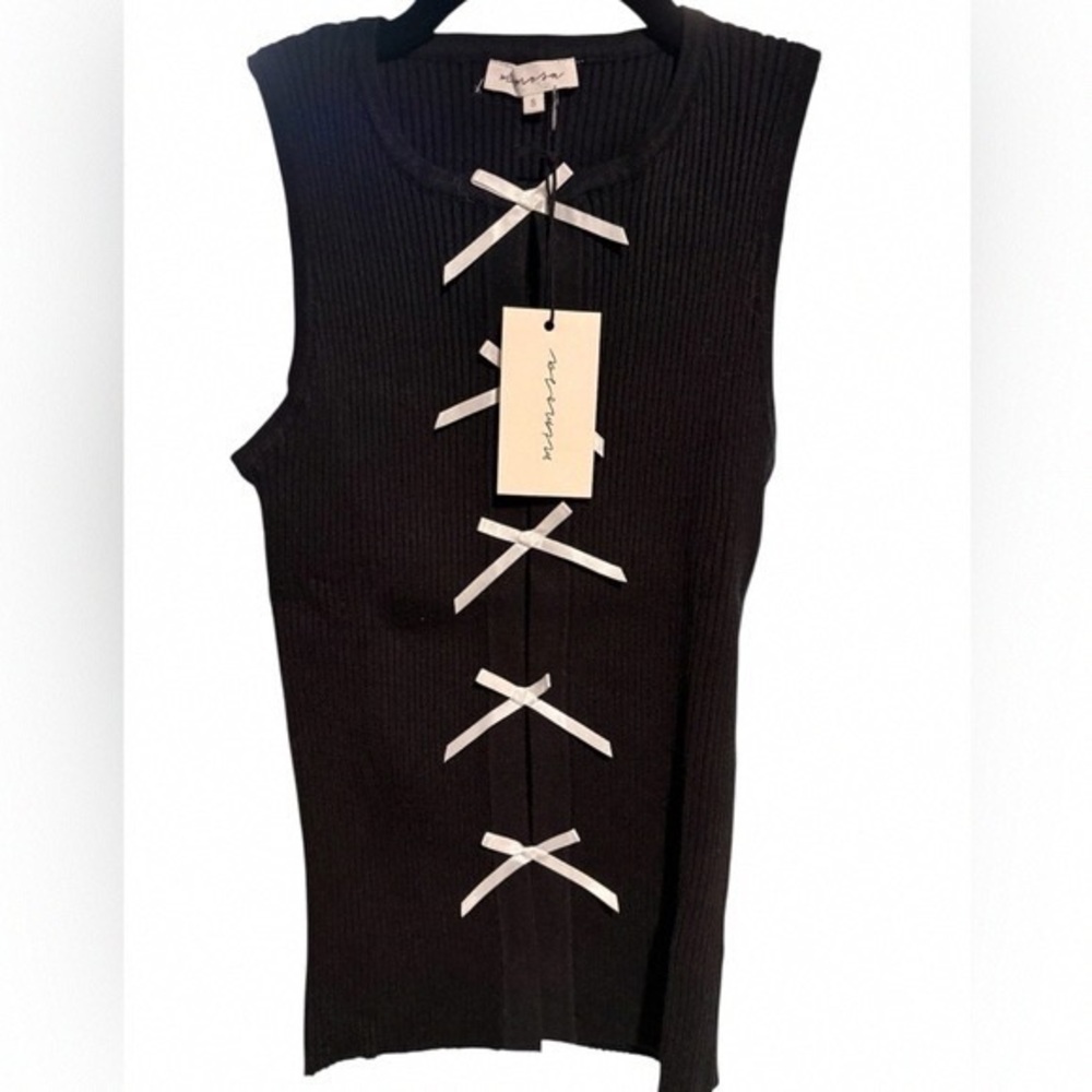 Moussy Black Ribbed Top with White Ribbon Details